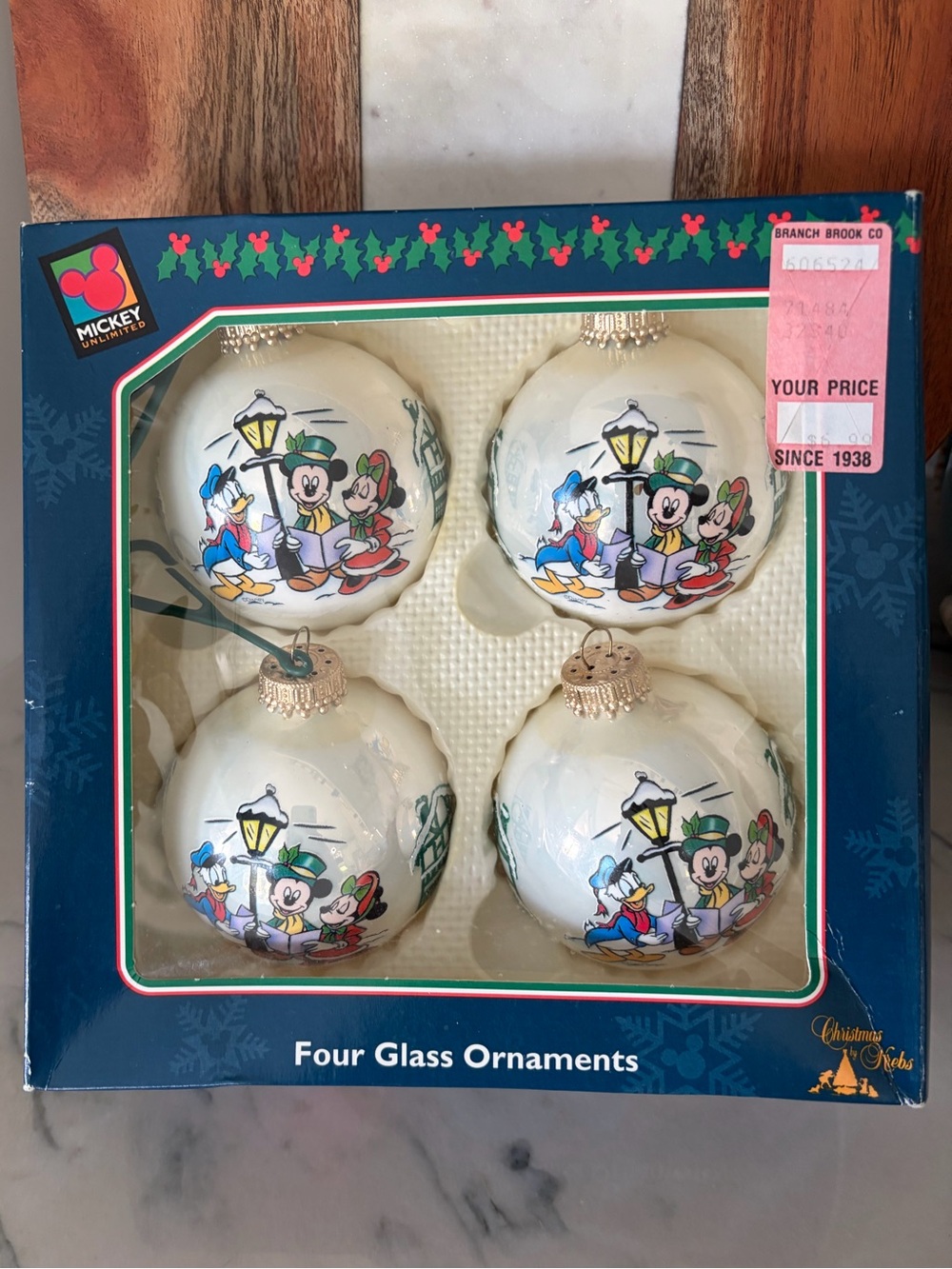 Disney Mickey Unlimited Christmas by Krebs Glass Ornaments - Set of 4